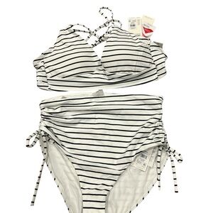 Calia Coastal Stripe Bikini Set High Waist Bottom Triangle Top White Black XS